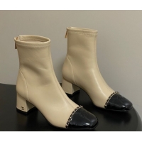 Durable Chanel Stretch Lambskin and Patent Leather Heel Ankle Boots 5cm with Chain Beige 2025 CH110405 1104073