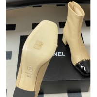Durable Chanel Stretch Lambskin and Patent Leather Heel Ankle Boots 5cm with Chain Beige 2025 CH110405 1104073