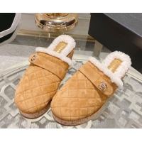 Luxurious Chanel Quilted Suede and Wool Platform Mules with Strap Dark Beige 2025 CH110407 51104077