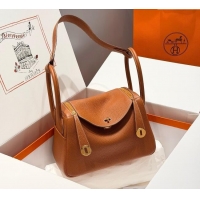 New Design Hermes Lindy Bag 26cm in Clemence Leather 2637 Brown/Gold 2025 (Half Handmade)