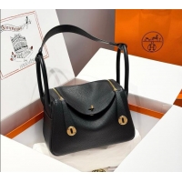 Best Discount Hermes Lindy Bag 26cm in Clemence Leather 2637 Black/Gold 2025 (Half Handmade)