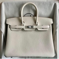 Top Quality Hermes Birkin 25cm Bag in Togo Calfskin Leather HE25 Cream White/Silver 2025 (Full Handmade)