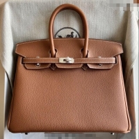 Original Discount Hermes Birkin 25cm Bag in Togo Calfskin Leather HE25 Brown/Silver 2025 (Full Handmade)