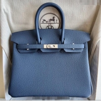 Famous Brand Hermes Birkin 25cm Bag in Togo Calfskin Leather HE25 Stone Blue 2025 (Full Handmade)