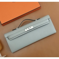 Top Quality Hermes Kelly Cut Clutch Bag in Original Swift Leather H0307 Sea Mew Grey/Silver (Full Handmade)