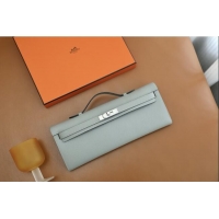 Top Quality Hermes Kelly Cut Clutch Bag in Original Swift Leather H0307 Sea Mew Grey/Silver (Full Handmade)