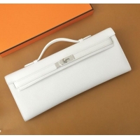 Luxury Discount Hermes Kelly Cut Clutch Bag in Original Swift Leather H0307 Pure White/Silver (Full Handmade)