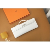 Luxury Discount Hermes Kelly Cut Clutch Bag in Original Swift Leather H0307 Pure White/Silver (Full Handmade)