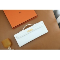 Buy Fashionable Hermes Kelly Cut Clutch Bag in Original Swift Leather H0307 Pure White/Gold (Full Handmade)