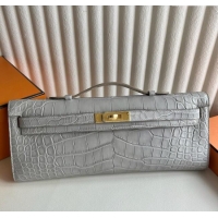 Spot Discount Hermes Kelly Cut Clutch Bag in Matt Alligator Leather CK80 Pearl Grey/Gold (Full Handmade)