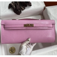 Famous Brand Hermes Kelly Cut Clutch Bag in Original lizard Leather H0320 Sakura Pink/Rosy Gold (Full Handmade)