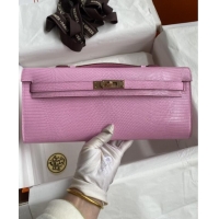 Famous Brand Hermes Kelly Cut Clutch Bag in Original lizard Leather H0320 Sakura Pink/Rosy Gold (Full Handmade)