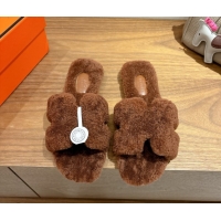 Top Grade Hermes Oran Sandals in Shearling Wool H101601 Brown 5101601