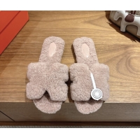 Pretty Style Hermes Oran Sandals in Shearling Wool H101604 Nude Pink