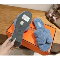 Classic Hot Hermes Oran Sandals in Shearling Wool H101608 Blue
