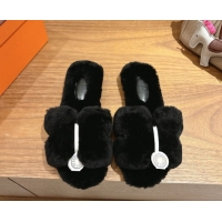 Luxurious Hermes Oran Sandals in Shearling Wool H101612 Black