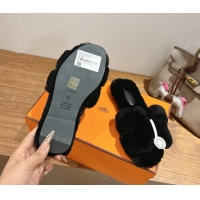 Luxurious Hermes Oran Sandals in Shearling Wool H101612 Black