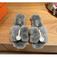 Durable Hermes Oran Sandals in Shearling Wool H101613 Grey