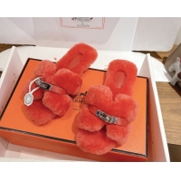 Best Price Hermes Oran Sandals in Shearling Wool with Kelly Buckle H101616 Red