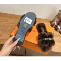 Most Popular Hermes Oran Sandals in Shearling Wool with Kelly Buckle H101617 Dark Brown