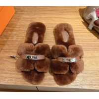 Best Product Hermes Oran Sandals in Shearling Wool with Kelly Buckle H101618 Brown