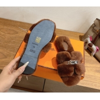 Best Product Hermes Oran Sandals in Shearling Wool with Kelly Buckle H101618 Brown