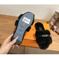 Pretty Style Hermes Oran Sandals in Shearling Wool with Kelly Buckle H101619 Black