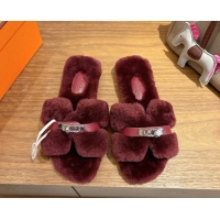 Charming Hermes Oran Sandals in Shearling Wool with Kelly Buckle H101620 Burgundy