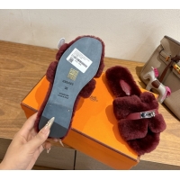 Charming Hermes Oran Sandals in Shearling Wool with Kelly Buckle H101620 Burgundy