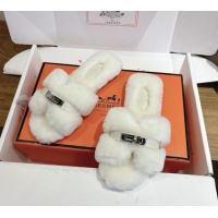 Good Looking Hermes Oran Sandals in Shearling Wool with Kelly Buckle H101621 White