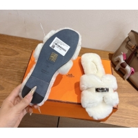 Good Looking Hermes Oran Sandals in Shearling Wool with Kelly Buckle H101621 White