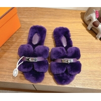 Good Product Hermes Oran Sandals in Shearling Wool with Kelly Buckle H101622 Purple