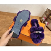 Good Product Hermes Oran Sandals in Shearling Wool with Kelly Buckle H101622 Purple