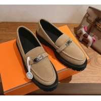 Luxury Discount Hermes Icone Platform Loafers in Suede with Kelly Buckle Brown 1023001