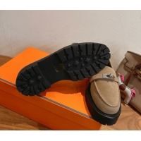 Luxury Discount Hermes Icone Platform Loafers in Suede with Kelly Buckle Brown 1023001