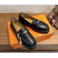 Top Grade Hermes Icone Platform Loafers in Calfskin Leather with Kelly Buckle Black 1023003