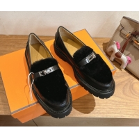 Trendy Design Hermes Icone Platform Loafers in Calfskin and Shearling with Kelly Buckle Black 1023004