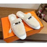 Good Quality Hermes Oz Flat Loafers in Calfskin and Wool with Kelly Buckle White 1023007