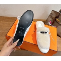 Good Quality Hermes Oz Flat Loafers in Calfskin and Wool with Kelly Buckle White 1023007