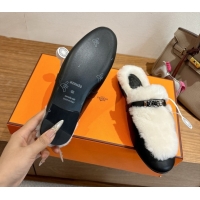 Good Quality Hermes Oz Flat Loafers in Calfskin and Wool with Kelly Buckle Black 1023008