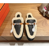 Unique Style Hermes Oz Flat Loafers in Calfskin Leather and Shearling with Kelly Buckle Black 1023009