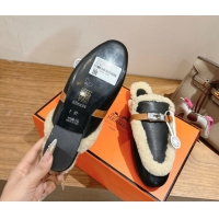 Unique Style Hermes Oz Flat Loafers in Calfskin Leather and Shearling with Kelly Buckle Black 1023009