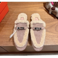 Grade Quality Hermes Oz Flat Loafers in Suede and Shearling with Kelly Buckle Purple 1023010