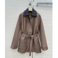 Grade Promotional Bottega Veneta Wool Blend and Lambskin Leather Coat BV120101 Brown 2025