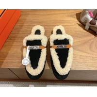 Low Price Hermes Oz Flat Loafers in Suede and Shearling with Kelly Buckle Black 1023012