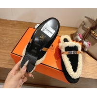 Low Price Hermes Oz Flat Loafers in Suede and Shearling with Kelly Buckle Black 1023012