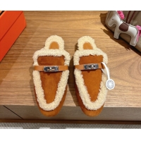 Purchase Hermes Oz Flat Loafers in Suede and Shearling with Kelly Buckle Camel Brown 1023013