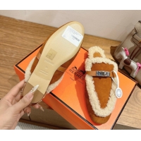 Purchase Hermes Oz Flat Loafers in Suede and Shearling with Kelly Buckle Camel Brown 1023013