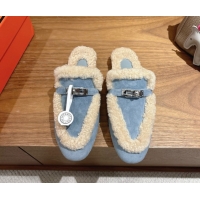 Classic Hot Hermes Oz Flat Loafers in Suede and Shearling with Kelly Buckle Light Blue 1023015