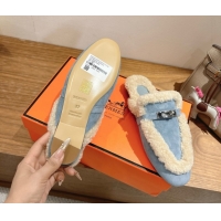 Classic Hot Hermes Oz Flat Loafers in Suede and Shearling with Kelly Buckle Light Blue 1023015
